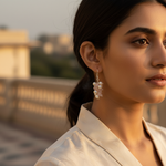 Load image into Gallery viewer, Silver Pearl & Rose Quartz Earrings | Cluster Drop Earrings