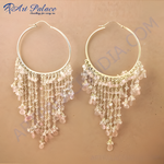 Load image into Gallery viewer, gold plating hoop earrings with cascading strands of light pink gemstones, creating a beautiful dangle effect.