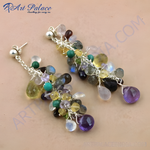 Load image into Gallery viewer, Sterling silver dangle earrings with a cluster of colorful gemstones including amethyst, citrine, and labradorite.
