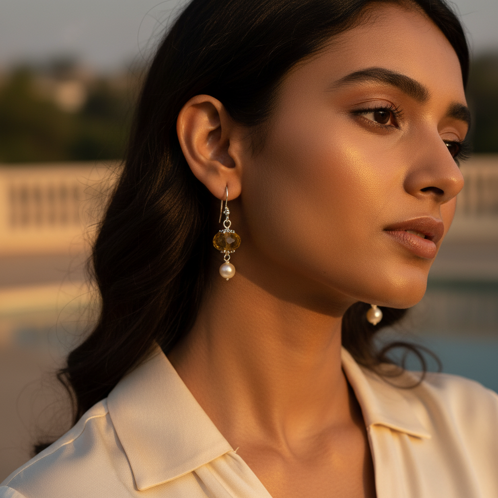 925 silver citrine & pearl drop earrings for women | gift