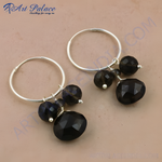 Load image into Gallery viewer, 925 sterling silver hoop earrings with black faceted gemstone dangles, perfect for women.