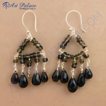 Load image into Gallery viewer, Sterling silver chandelier earrings featuring a triangle design with smoky quartz beads and teardrop pendants, dark color.
