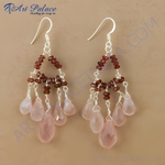 Load image into Gallery viewer, Silver chandelier earrings with rose quartz teardrops and garnet accents, pink gemstone jewelry.