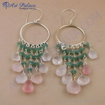 Load image into Gallery viewer, 925 silver dangle earrings with green and pink gemstones, showcasing a stylish design.