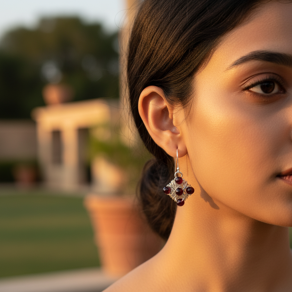 Silver wire wrap garnet earrings | for women | daily wear