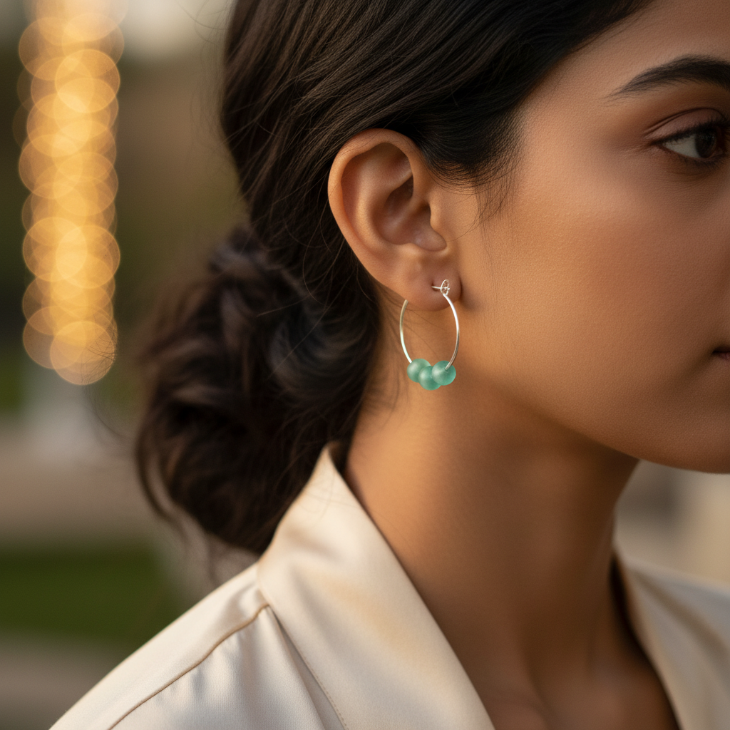 Silver hoop earrings with blue beads for women | fashion jewelry