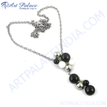 Load image into Gallery viewer, Silver pendant necklace with black, white, and silver beads. Fashion jewelry for women.