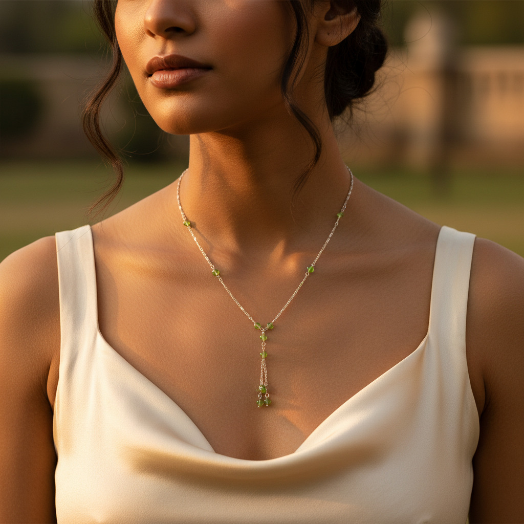 Silver peridot beaded y necklace for women | daily wear