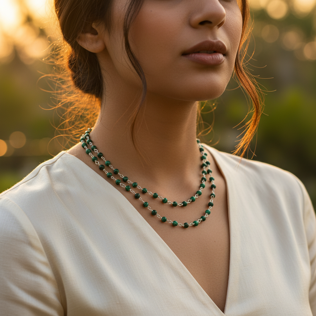 Malachite bead necklace in gold plating for women | everyday jewelry