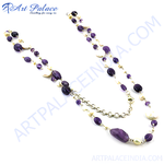 Load image into Gallery viewer, Amethyst and pearl beaded long chain necklace, featuring purple gemstones and white pearls, perfect for women
