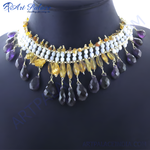 Load image into Gallery viewer, Gemstone beaded necklace with purple and yellow stones. Fashion jewelry for women.
