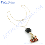 Load image into Gallery viewer, Sterling silver necklace with a black onyx pendant and a tassel of small gemstones; women's fashion jewelry.