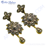 Load image into Gallery viewer, gold plating floral diamond dangle earrings with intricate design and gemstones.