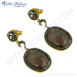 Load image into Gallery viewer, gold plating drop earrings with brown stone and diamond accents.