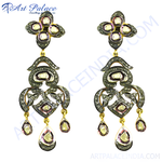 Load image into Gallery viewer, Antique diamond dangle earrings in gold and black, featuring unique gemstone accents and an elegant art deco design.