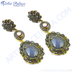 Load image into Gallery viewer, gold plating drop earrings featuring sapphire gemstones with intricate detailing.