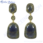 Load image into Gallery viewer, gold plating drop earrings featuring large blue sapphires with diamond accents. Elegant gemstone jewelry.