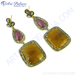 Load image into Gallery viewer, gold plating drop earrings featuring ruby and sapphire gemstones. A beautiful and elegant jewelry piece.
