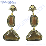 Load image into Gallery viewer, gold plating drop earrings with brown gemstones and diamond accents, for women's jewelry.