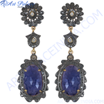 Load image into Gallery viewer, Sapphire drop earrings featuring dark metal with blue sapphire gemstones, designed for women's ears