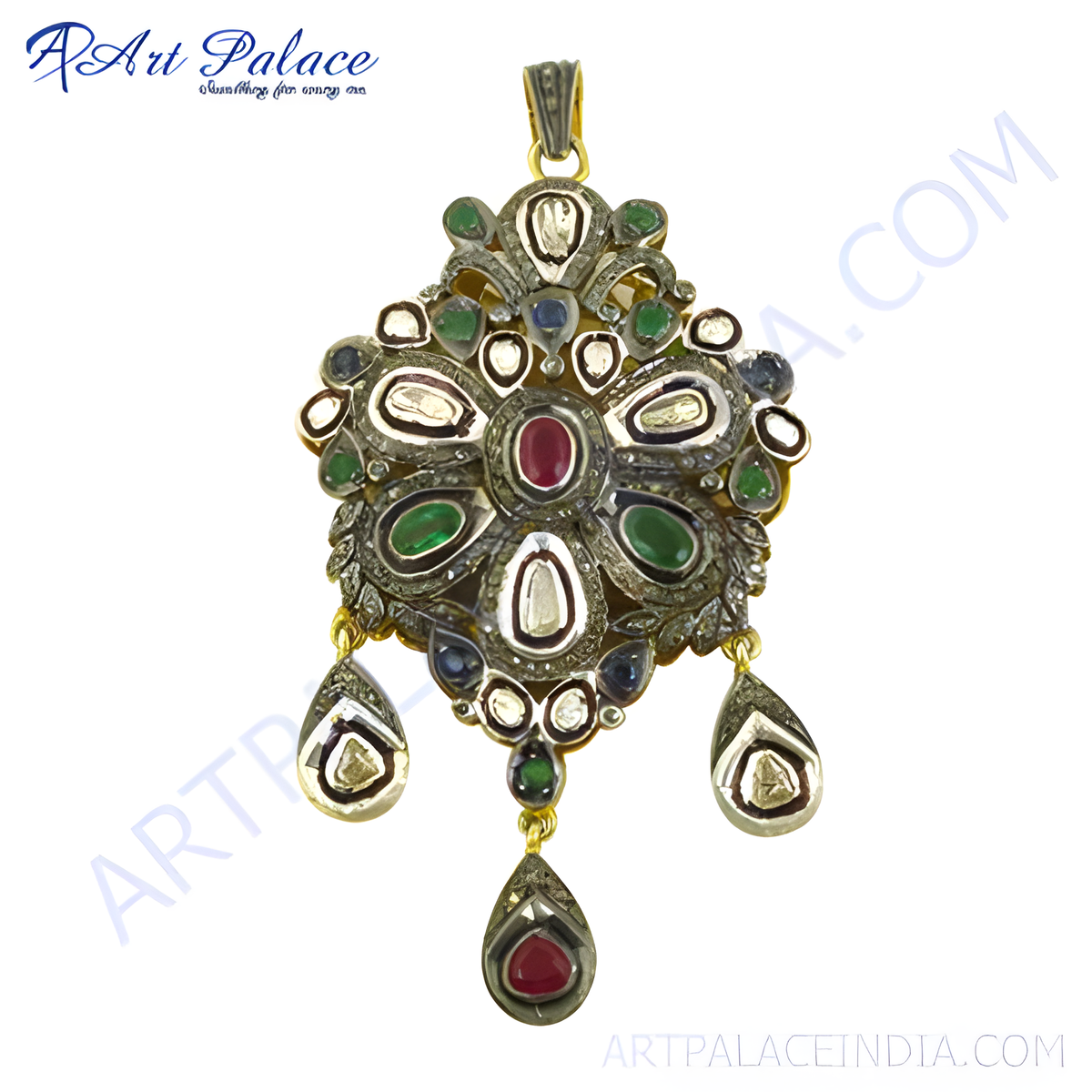 Silver pendant with emerald and ruby gemstones, vintage style design