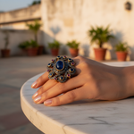 Load image into Gallery viewer, Sapphire & Ruby Ring | Oxidized gold plating Floral Design | For Women