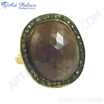 Load image into Gallery viewer, gold plating cocktail ring with a large brown gemstone and diamond halo, showcasing a unique design.