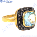Load image into Gallery viewer, gold plating ring with a square blue topaz gemstone and diamond accents, a luxury piece of jewelry
