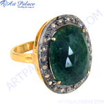 Load image into Gallery viewer, gold plating ring with a large emerald gemstone and a diamond halo. Green stone with gold plating band.