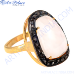 Load image into Gallery viewer, gold plating ring with a large white gemstone surrounded by black stones, a stylish and eye-catching piece.