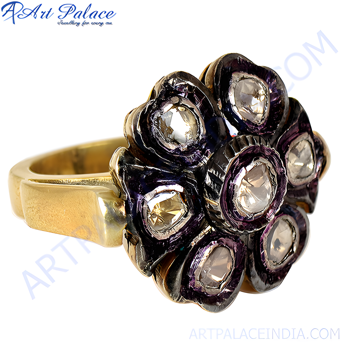 Vintage gold plating ring with cluster of diamonds in a floral design, a beautiful piece of jewelry