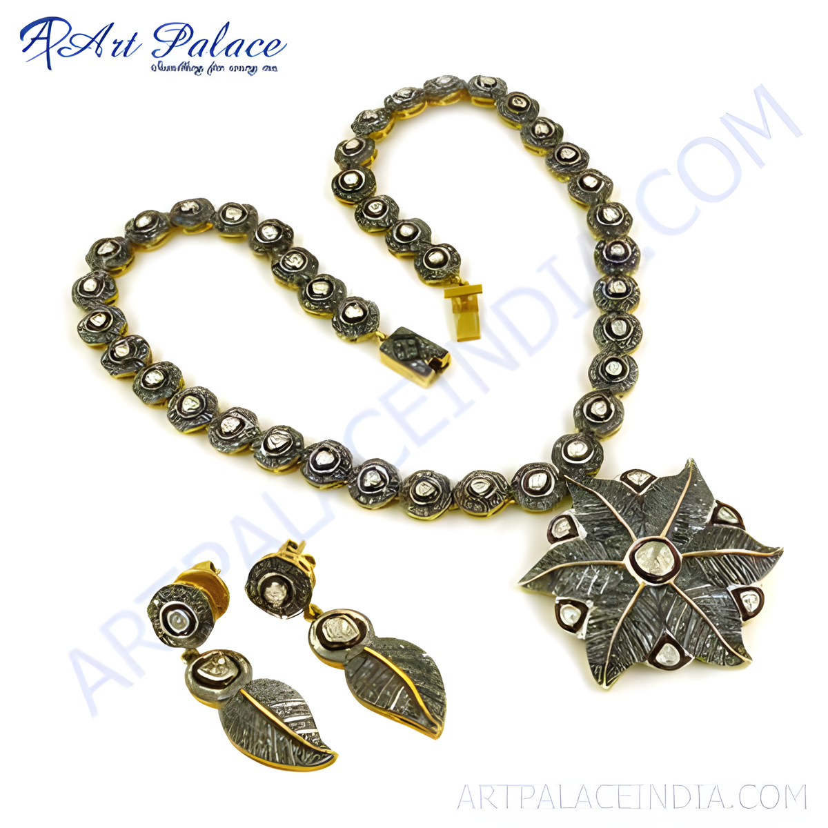 Vintage gold plating tone diamond necklace and earrings set, featuring a floral design with clear diamond accents