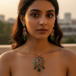 Load image into Gallery viewer, Emerald Ruby Pendant Earrings Set | Silver Dangle Set for Women