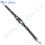 Load image into Gallery viewer, 925 sterling silver chain bracelet with oval and square green gemstones.