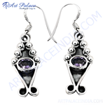 Load image into Gallery viewer, 925 sterling silver drop earrings with oval amethyst gemstones and decorative design.