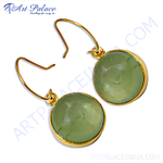 Load image into Gallery viewer, gold plating-tone drop earrings featuring round, green gemstone cabochons, perfect for adding a touch of color to any outfit.