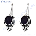 Load image into Gallery viewer, 925 sterling silver drop earrings with oval amethyst gemstones and decorative silver detailing.