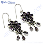 Load image into Gallery viewer, 925 sterling silver dangle earrings featuring purple amethyst gemstones in a floral design.