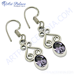 Load image into Gallery viewer, 925 sterling silver drop earrings with oval-cut amethyst gemstones, featuring an intricate swirl design.