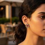 Load image into Gallery viewer, Silver Heart Stud Earrings with Ruby & Yellow Gemstones