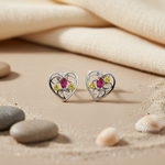 Load image into Gallery viewer, Silver Heart Stud Earrings with Ruby & Yellow Gemstones