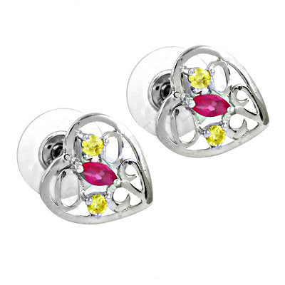 Silver heart stud earrings with ruby & yellow gemstones