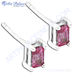 Load image into Gallery viewer, Silver stud earrings with pink gemstone set against a white background.