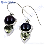 Load image into Gallery viewer, Sterling silver dangle earrings featuring a black pearl and green amethyst gemstone.
