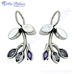 Load image into Gallery viewer, 925 sterling silver drop earrings featuring amethyst gemstones in a leaf design.