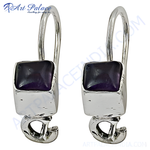 Load image into Gallery viewer, 925 sterling silver drop earrings with square amethyst gemstone.