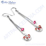 Load image into Gallery viewer, Silver bear dangle earrings with pink crystal accents, a unique and stylish jewelry piece for women.