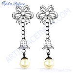 Load image into Gallery viewer, Silver drop earrings with white pearls and sparkling cubic zirconia.