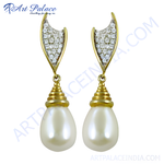 Load image into Gallery viewer, gold plating teardrop pearl drop earrings with sparkling stones, a beautiful piece of jewelry
