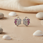 Load image into Gallery viewer, Silver Leaf Stud Earrings with Ruby & Diamond Accents